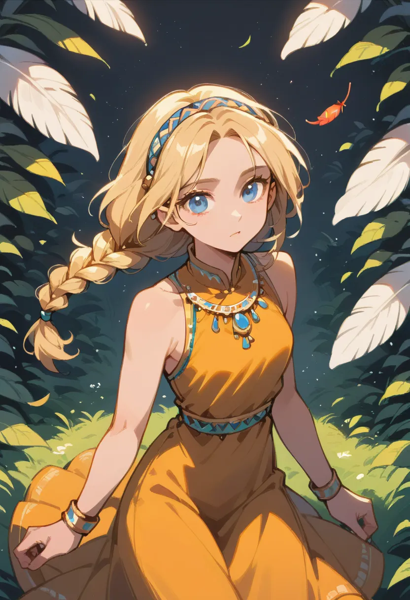  score_9,  score_8_high,  score_7_high,  score_6_high,  1 girl, Alone,  braided hair ,  blonde hair,  Indian dress, view the viewer, blue eyes, Very fair skin outside, Feather hair band