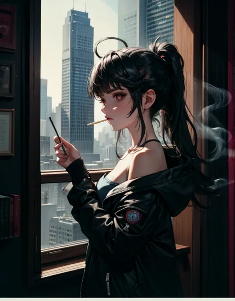 Protogen, protogen visor, protogen face, furry, cyberpunk, steel sirens, r17329_illu, masterpiece, newest, absurdres, incredibly absurdres, 1girl, solo, long hair, smoking, red eyes, cigarette, smoke, window, black hair, jacket, from side, off shoulder, ba...