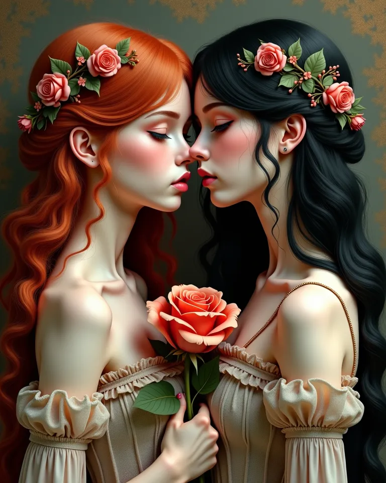 red haired girl with a twin with black hair both holding roses, detailed portrait, high quality, intricate floral patterns, dramatic lighting, muted colors, fantasy, dreamlike, romantic, elegant, ethereal, vibrant, masterpiece, ultra-detailed, realistic,st...