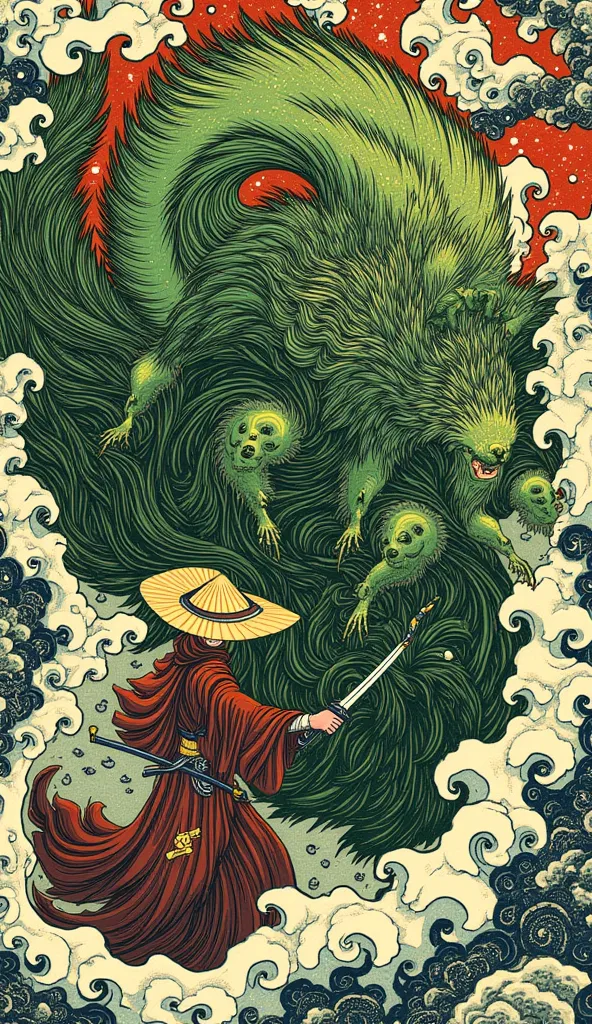 an ukiyo-e depiction of a giant seaweed squirrel fighting against a goddess unknown hooded strawhat swordwoman. both figures have japanese motif of curly cloud swirling on their body. 