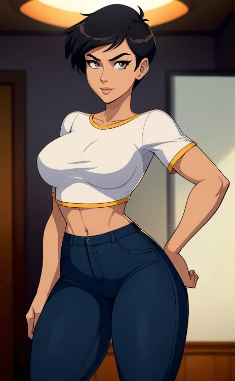 ((ultra quality)), ((masterpiece)), Lois Lane, cute smile, smile, ((black short hair tomboy hairstyle)), (Beautiful face), (beautiful female lips), (), charming, ((sexy facial expression)), (light skin color), (light skin), glare on the body, ((detailed be...