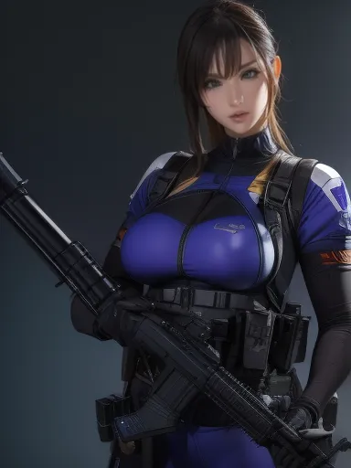   replace 、Amazing Details、 Ultra High Resolution、（ realism ：1.4）、（（close：0.75））、 for 1 woman is extremely condensed、  beautiful delicate face 、 perfect ratio、  Refine target group  、 Big Breasts ）、brown hair、（Purple Tech Suit）、（Cyborg Vs....   police unif...