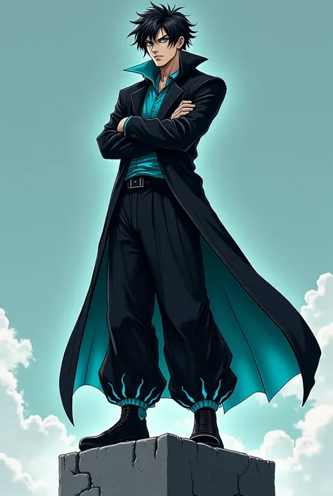 anime style, A man with black hair, Skin made of black dark matter slime, Your eyes are black eyeballs with Ciana pupils, he wears a coat made of black slime with a cyan outline, In addition to wearing wide pants made of black slime with a cyan outline. He...