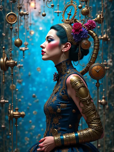 Create an image in the style of "Grotesque steampunk". In the frame, Gothic beauties, inspired by Salvador Dali, } interact with bizarre mechanisms. Include ornate pipelines and non-standard structures, combining Gothic and Steampunk. Use surreal elements,...