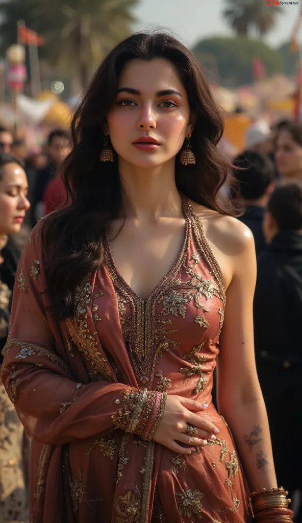 a captivating scene of a Pakistani busty, her pale skin glowing with natural beauty, (dark thick long hair), (big breasts), (modeling), (model photoshoot), standing in a Eid ceremony, She wears a fitting colorful satin shalwar kameez, , Her hips are accent...