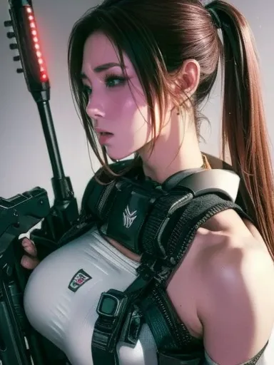   replace 、Amazing Details、 Ultra High Resolution、（ realism ：1.4）、（（close：0.75））、 for 1 woman is extremely condensed、  beautiful delicate face 、 perfect ratio、  Refine target group  、 Big Breasts ）、brown hair、（Purple Tech Suit）、（Cyborg Vs....   police unif...