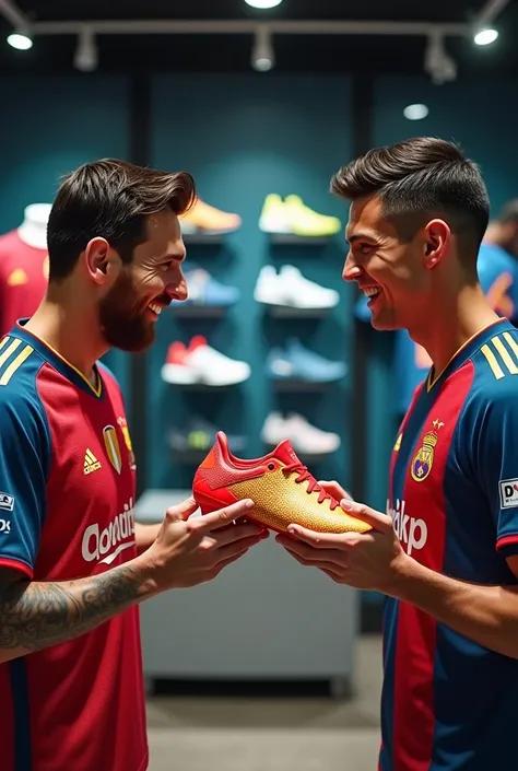 
Messi, with a warm, charismatic smile, holds up a dazzling, limited-edition soccer cleat, while Ronaldo, with an air of excitement, reaches for his wallet to pay the $100 price tag