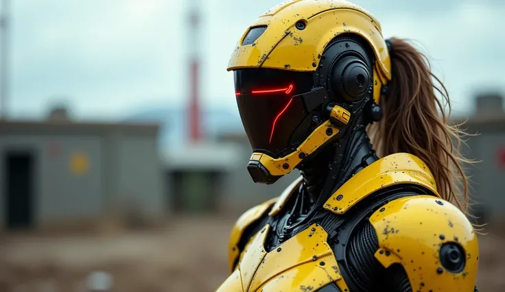 Create a image of a woman, in a cibernetic combat armor like an iron man armor, her helmet covers all her face, her helmet has red lines in the place of the eyes, the color of the armor is yellow and black, she is in an army compound, the image has to show...