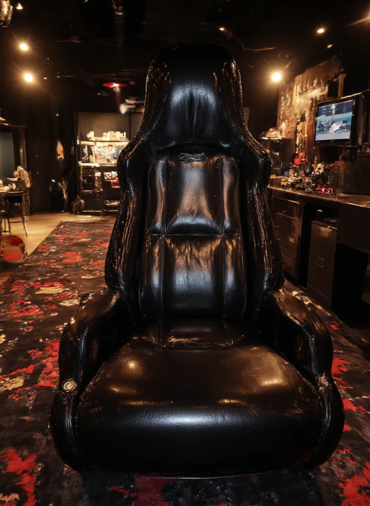 Full panoramic view of scene from below, RAW amateur selfie photo, high resolution, ((A huge inflated shiny racing gaming style seat made of shiny black rubber-latex))), (frontal view, front view only:1.9), the texture of the racing gaming style seat is ve...