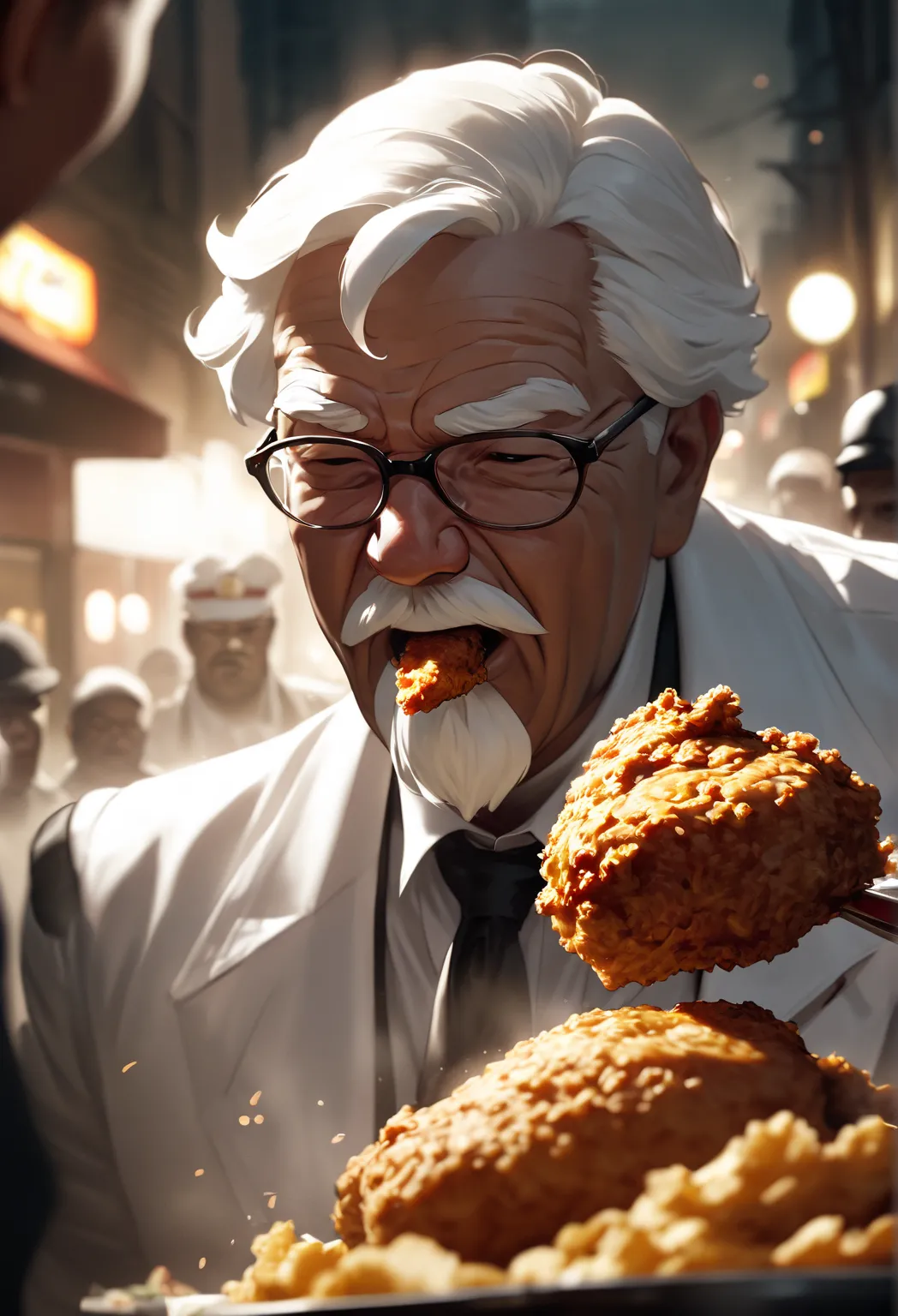 Colonel Sanders raid , Headlock a bad thug and forcibly thrust fried chicken into his mouth(( motion blur:1.8,  Background Blur))