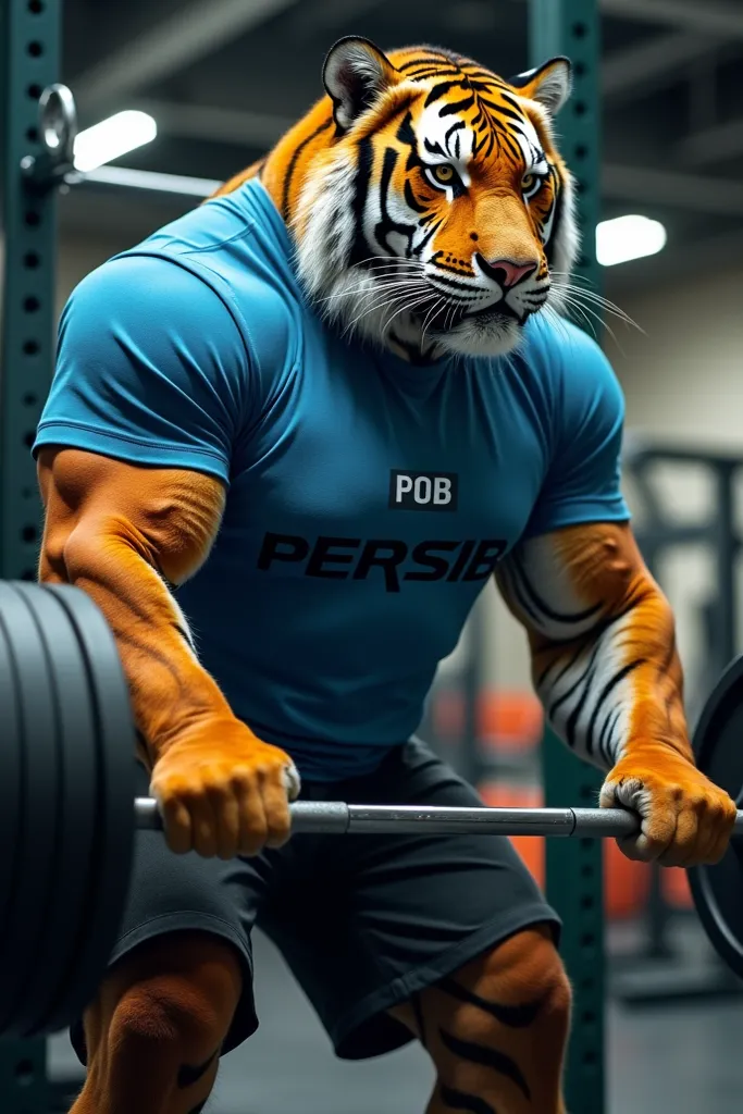 A burly, muscular tiger wearing a plain blue shirt that says 'PERSIB' is practicing weightlifting very hard to be able to beat his opponent