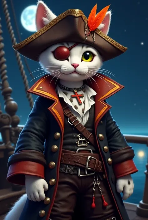 Tabaxi:

An anthropomorphic white-haired cat, with gray spots or stripes scattered across the body, giving a unique and striking appearance.

 bright and expressive eyes, with the right eye visible (amber color, green or gold) and the left one covered by a...