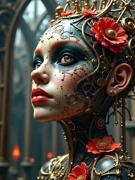 gothic beauties, inspired by Salvador Dali, } interact with bizarre mechanisms, steampunk entourage, distorted proportions, gothic arches, photorealistic, drawn in detail, high-quality, Surreal, gothic fantasy , gothic engine,  Gothic architecture , rich, ...