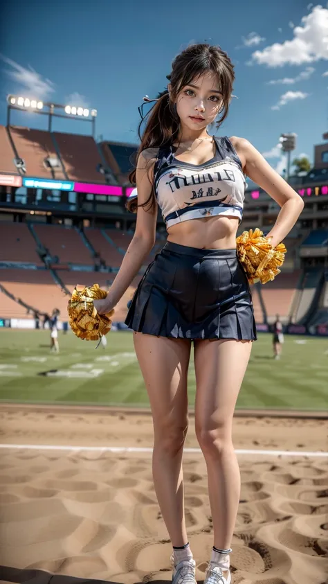 A beautiful young Japanese woman, 20 years old, with perfect anatomy, healthy thighs, beautiful feet, flawless skin, random hair color and style, large bust, (she is standing:1.2), wearing a cheerleader uniform with micro-pleated miniskirt, in a full body ...