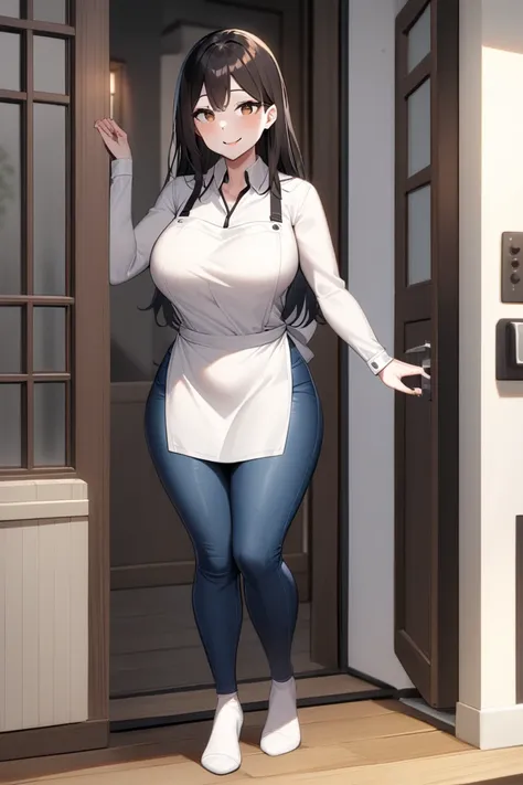 42 year old adult woman, brown eyes, white skin, black hair down, large chest, wearing tight white clothes, Wearing tight jeans, wearing an apron, standing outside the front door of the house, smiling seductively, full body 