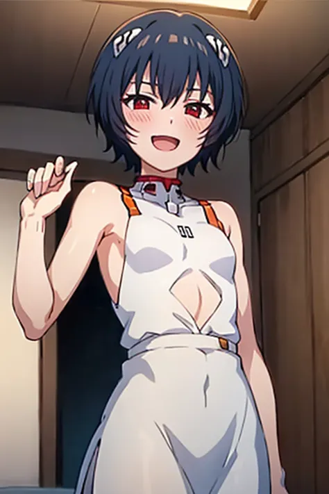 ((Best Quality)), ((masterpiece)), (be familiar with), perfect face, indoors, bedroom, watching viewers,
One woman, Rei Ayanami,
open mouth, ecstatic expression, blush, smile,
 small tits, flat chest, Young girl,  lori,  ,  girl,
Short Hair, short hair,
 o...