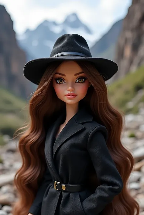 Bratz doll with long brown and wavy hair, with a hat , LIGHT BROWN EYES, With a mountain pass covering his face,  black coat  