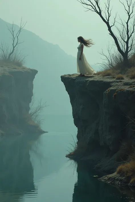 A woman stands over a cliff and looks at herself under dead