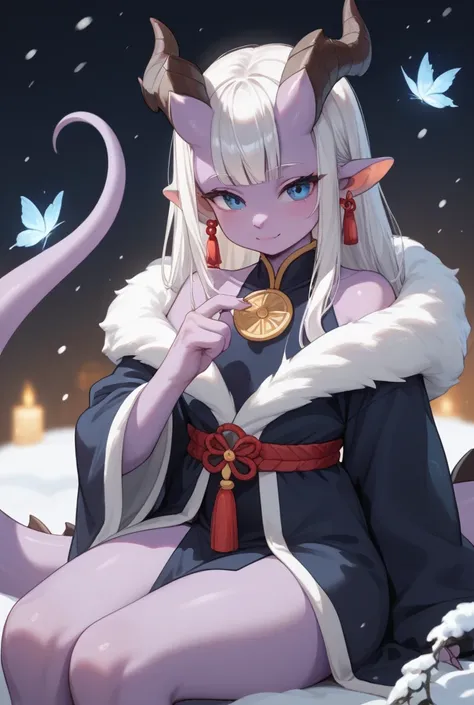 Furry dragon, dragon head, loli dragon, cute dragon, femboy furry dragon, super tall tail, sitting on a folded tail, a tassel at the end of the tail, purple skin, dark blue eyes, long white hair, six pretty while horns on the head, full closed rich dark ro...