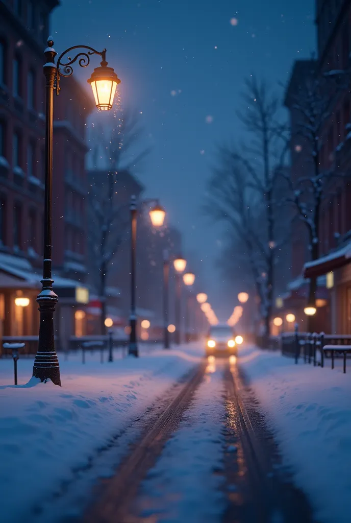 A beautifully rendered 3D Pixar-style winter night scene. The city streets are covered in fresh snow, reflecting the glow of dimly lit streetlamps. The air is crisp, and tiny snowflakes fall from the dark sky, adding a soft, magical atmosphere. In the back...