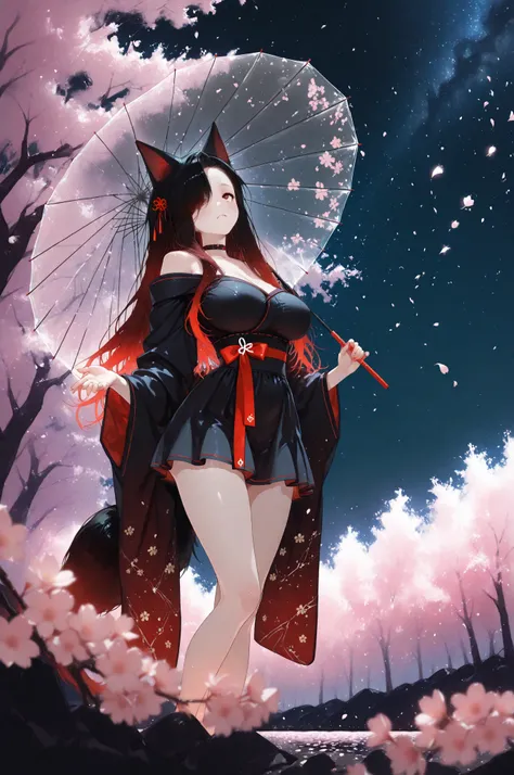 masterpiece, best quality, amazing quality, very aesthetic, 1female, fox girl, Kuroki Monika, black and red fox ears, black fox tail with red tip, red eyes, gradient hair, black and red hair, long hair, asymmetrical hairline, hair over right eye, large bre...