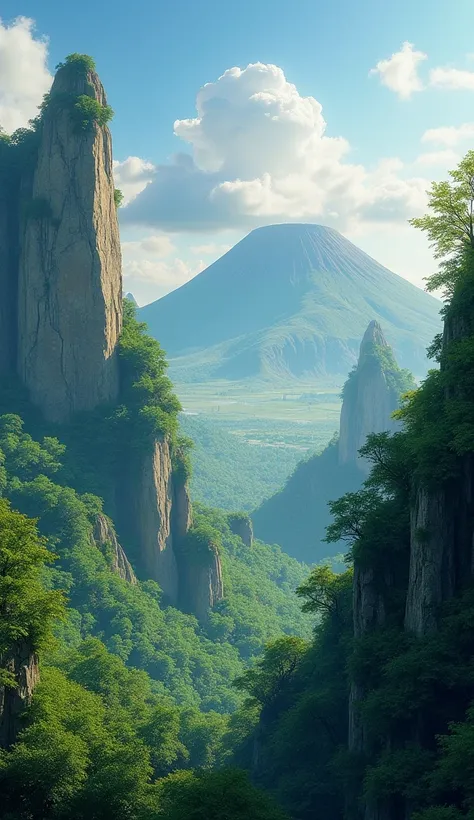 Wall paper with beautiful green rocky mountains, on top of a mountain, trees and a volcano, no lava, 