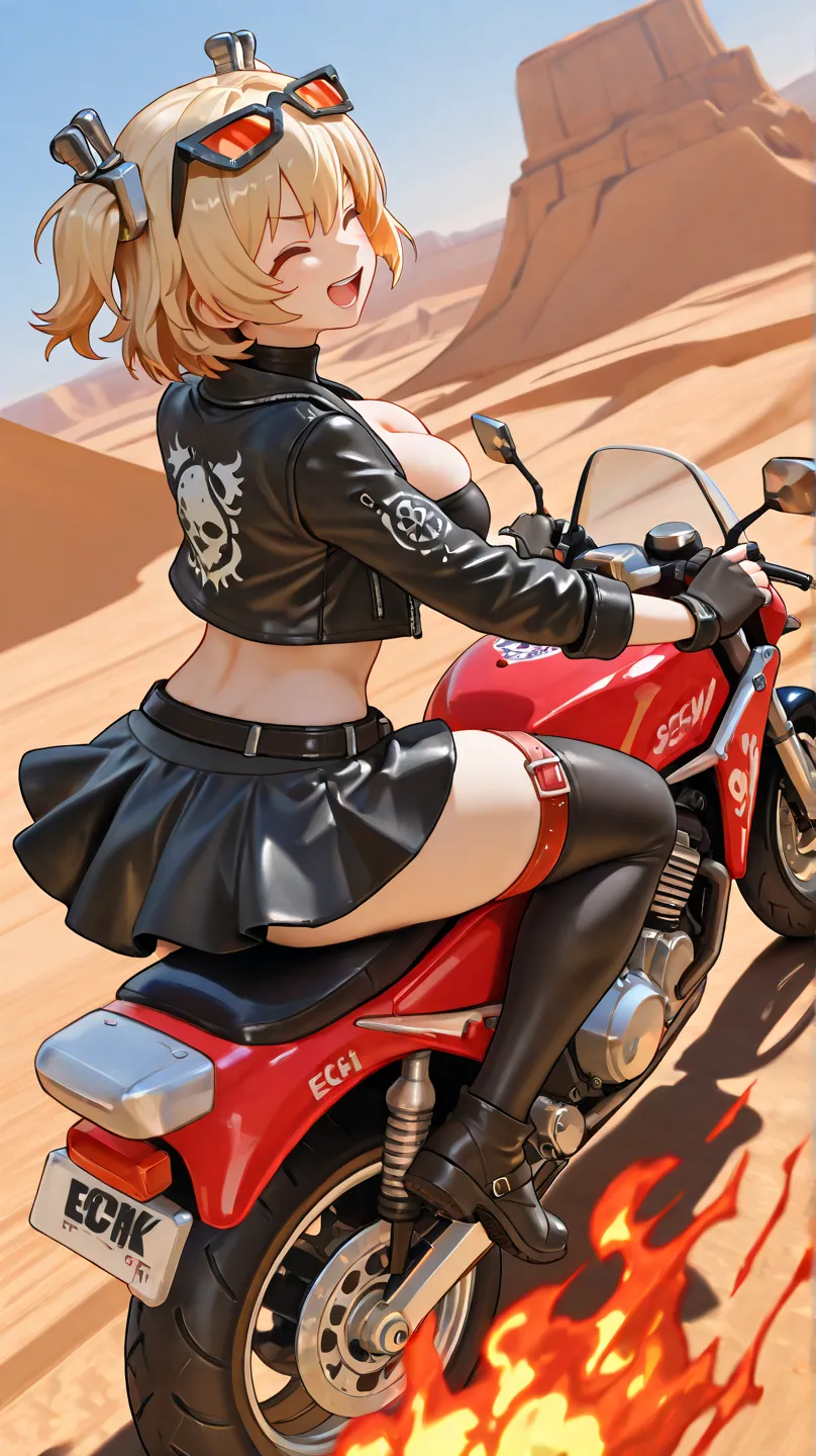 burnice, orange eyes, blonde hair, short hair, two side up, hair ornament, eyewear on head, black jacket, cropped jacket, long sleeves, fingerless gloves, black tube top, turtleneck, cleavage, midriff, belt, black skirt, black thighhighs, red thigh strap, ...