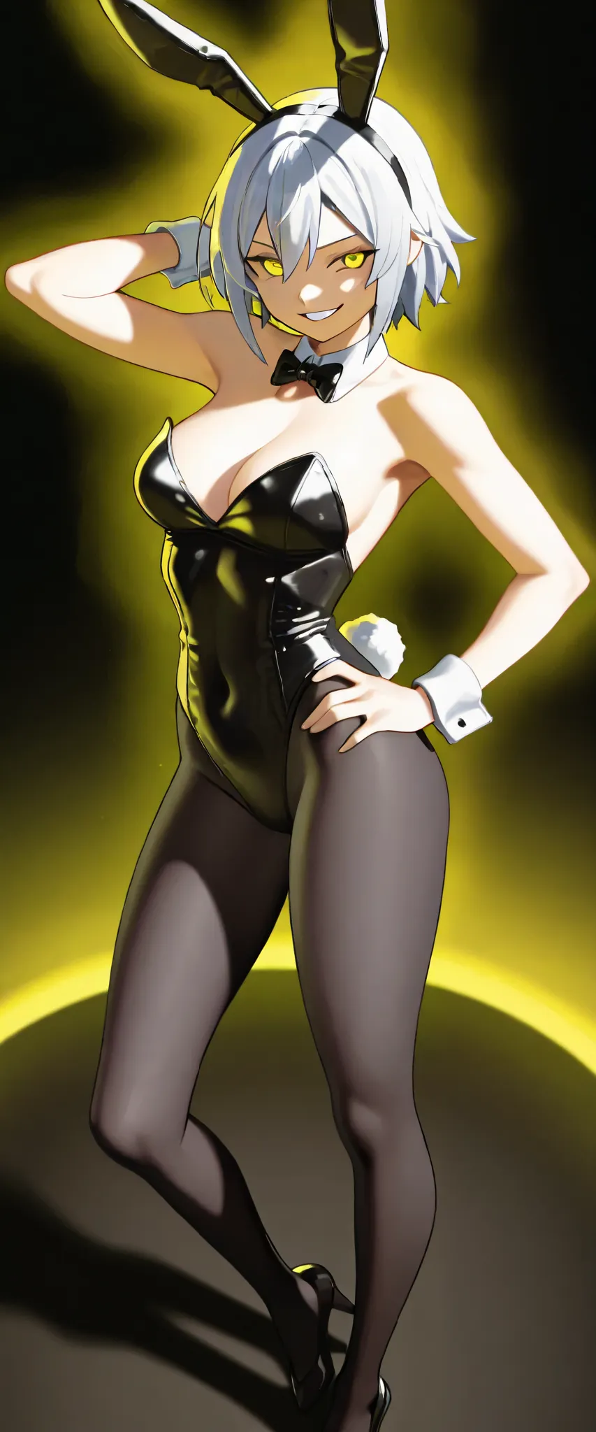 "Valorant character Jett stands confidently against a black background, wearing a sleek black bunny girl outfit with bunny ears. Her short silver hair catches the warm yellow light shining from above, casting soft shadows. She places one hand on her hip wh...