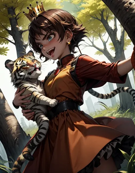 1girl, dark skin, tanned skin, orange brown hair, tiger print dress, angry smile, open mouth, wild princess, tomboy, mischievous princess, playing happily, crown, jewelry, baby tiger, trees, bust up angle 