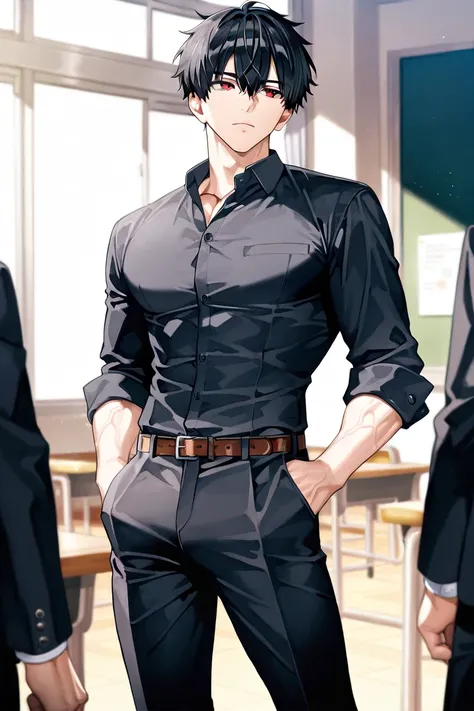 BEST QUALITY, ULTRA DETAILED, PERFECT ANATOMY, HIGH DEFINITION, INTRIGUING DETAILS, ALONE, MAN, 1 boy, thin, toned, short black hair, red eyes, inhuman pupil, X pupil. Black dress pants, brown belt, black dress shirt, black blazer, sleeves rolled up, stand...