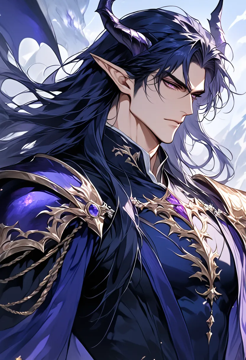 long hair, masterpiece, best quality, 1 man  , perfect face , purple eye , handsome male , Alone, adult male , delicate line drawingimpasto, masterpiece, high resolution, Top quality, unique , 1 male , nice , male elf with dark blue long hair and demon hor...