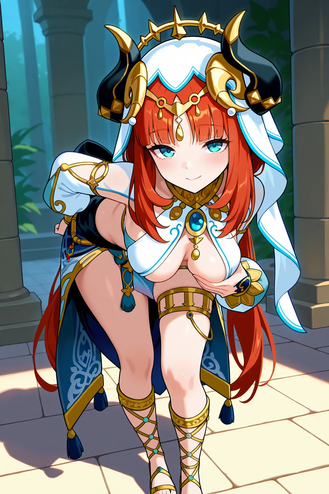 high resolution picture, masterpiece, best quality, amazing quality,  solo, 1girl,  nilou from Genshin Impact, 1girl,  nilou, red hair, twintails, blue eyes, long hair,
blue skirt, bracer, circlet, crop top, dancer, detached sleeves, fake horns, gladiator ...