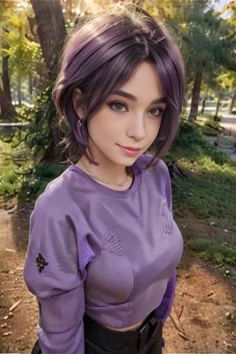  beautiful age model  de 17 años ,  purple eyes, short hair , purple hair ,
BREAK,  medium breasts ,  Subtle wind movement in the hair , happy expression, friendly,  Natural lighting that emphasizes your features ..........., Subtle shadows that add depth ...