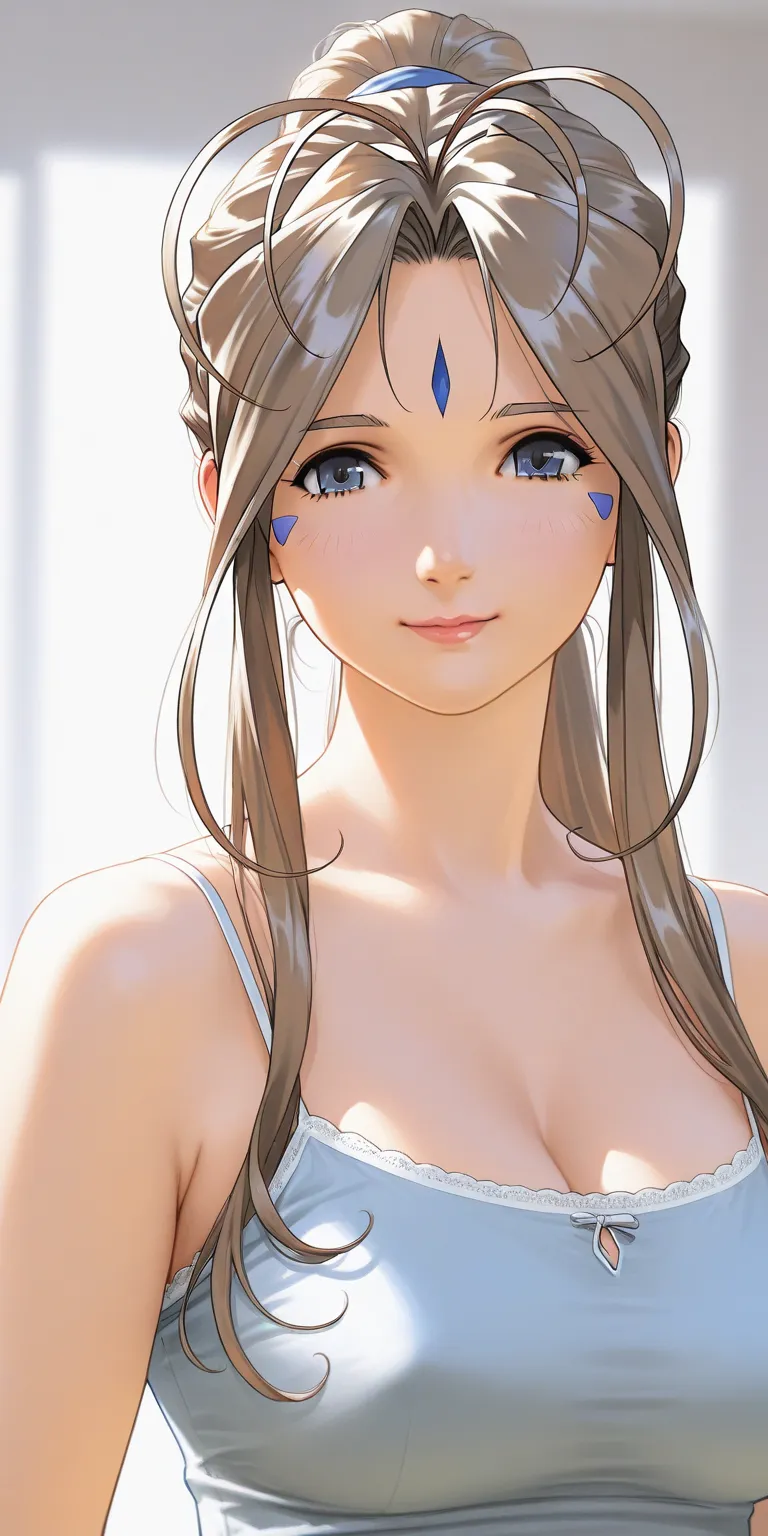 Belldandy,mature female, housewife, Brown hair,high ponytail, chignon hair, camisole, upper body, milf, soft light, high detailed, realistic