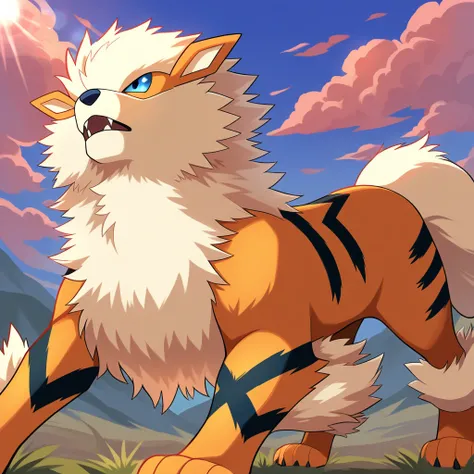 Arcanine (Pokemon), without humans, Open Mouth, blue eyes, Language,  outdoor, fire, Alone, , lens flare, Pokemon (creature), claws,  sky, is, dams,  cloud, blue  sky