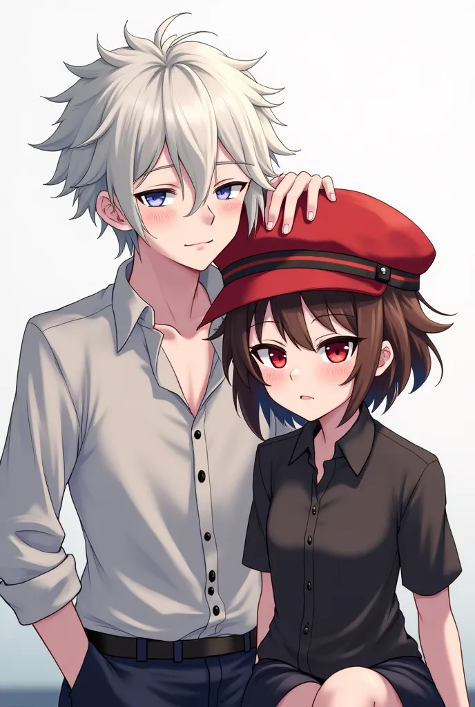 2 friends an anime man with white skin with messy white hair ,You could say that like black cotton on her head,wearing an elegant open shirt with 3 buttons on the sides black, a look of boredom with white pupils and feminine anime wearing a red hat with la...