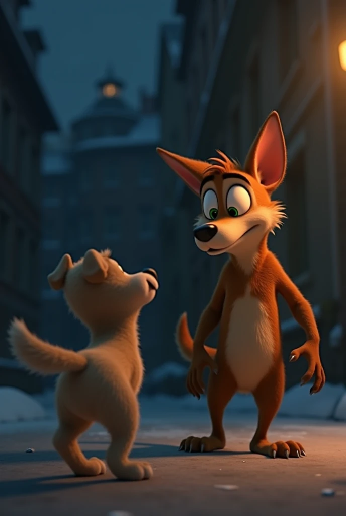 A gentle 3D Pixar-style shot of Félix stepping cautiously toward the injured dog. His green eyes shimmer with curiosity and concern. His fur is slightly ruffled by the cold breeze. The background remains dark and atmospheric, with subtle light from a dista...