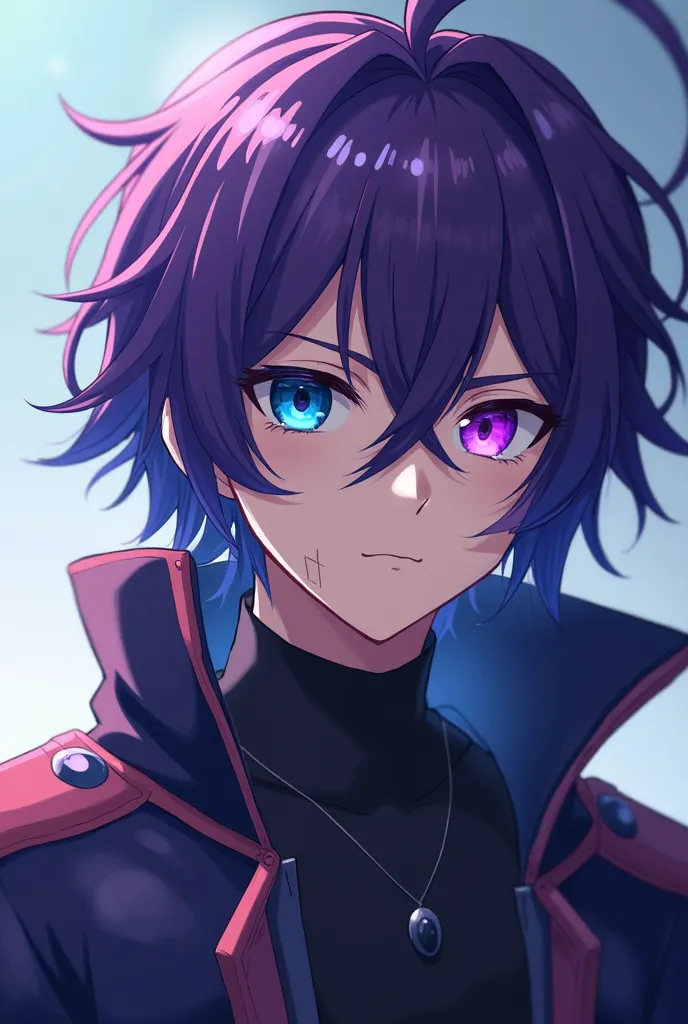 appearance:one blue eye and one purple eye that if the hair is purple with blue 
Style:anime
Personality:Half hero and half villain and that he has scars on his face and that you can see that he is from high school AND that he is a man 