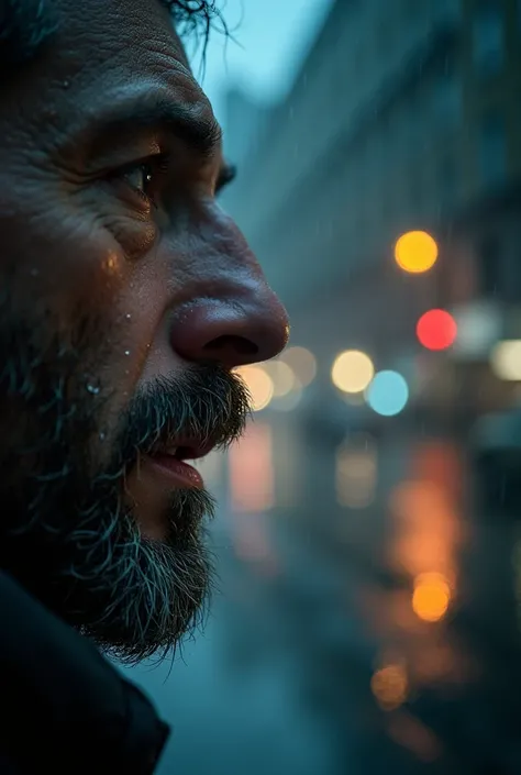 **Close-up of his mouth**, speaking: *"Fear can protect us, but it can also stop us from living."*  In a rainy night 