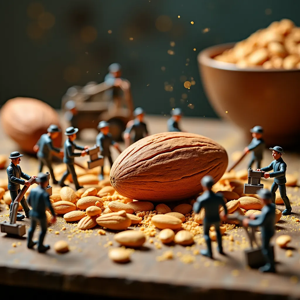 A team of ((realistic human miniatures)) is chopping enormous almonds on a rustic wooden table. Some workers use tiny axes, while others operate miniature saws to slice through the hard shell. A miniature forklift is transporting almond pieces, and a tiny ...