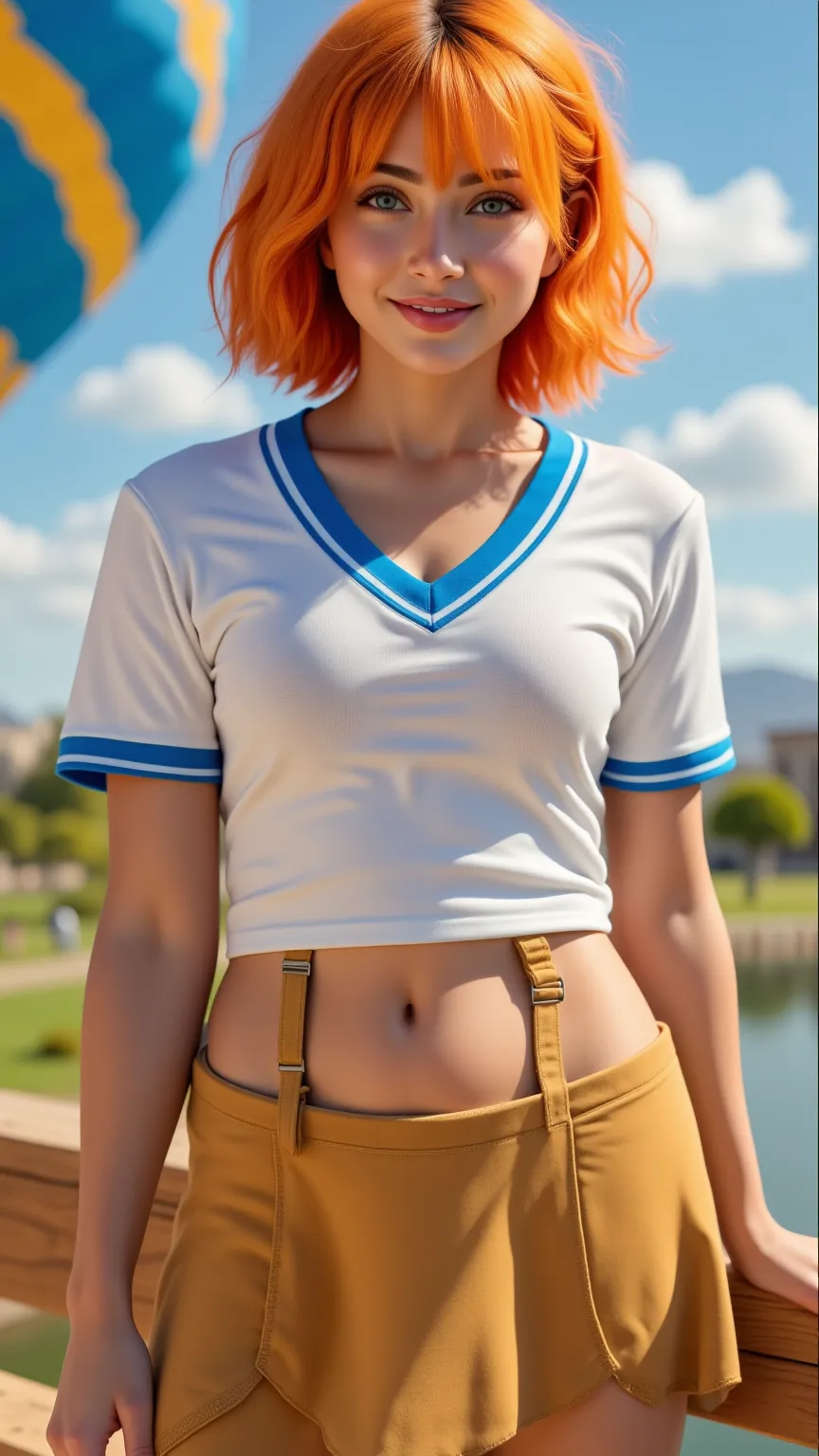 Young girl with vibrant orange hair her short hair in layers with a side fringe not completely straight but with loose locks that frame her face, Slight undulation, somewhat disheveled, no perfectly defined line, carefree style , , with a fitted white v-ne...