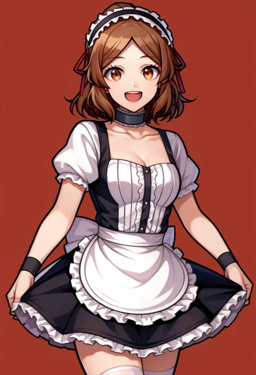 score_9, score_7_up, source_anime, 1girl, solo, Taira Akane, brown eyes, brown hair, maid headdress, ruffled black collar, white sleeves, black bangles, maid top, black skirt, white apron, white ribbon, white high thighs, smiling, open mouth. Taira Akane i...