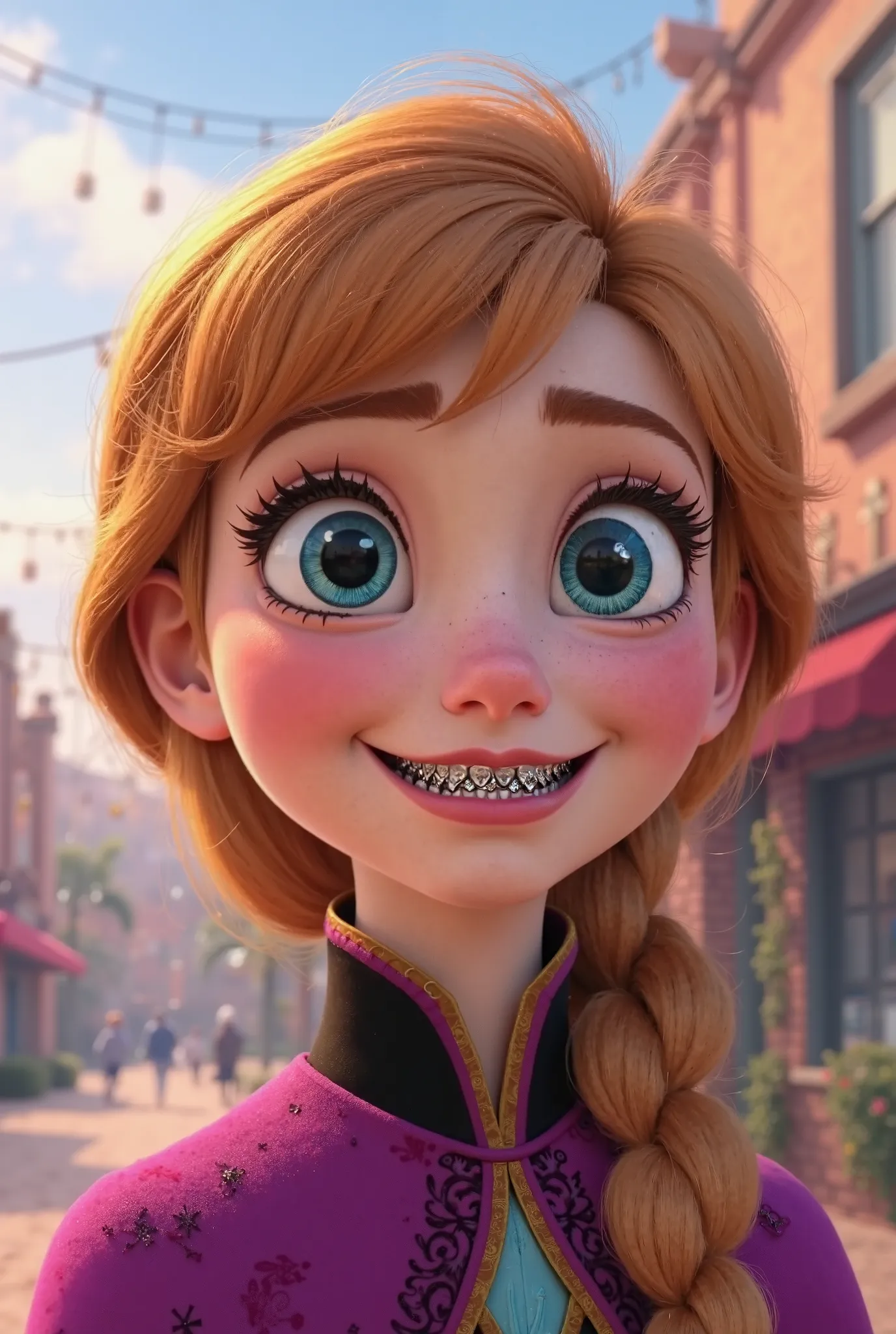 Tip: A very lovely Anna from FROZEN being happy alone in Downtown San Diego in the sun… The illustration is a high definition illustration with 4k resolution., with highly detailed facial features and cartoon style visuals, close up of Anna’s face with an ...