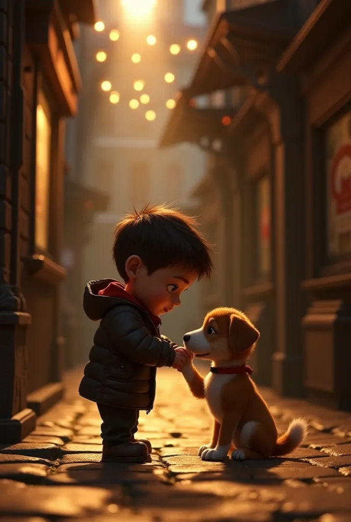 A touching 3D Pixar-style close-up of Félix gently pressing his small head against the dog’s paw. The dog, though weak, looks down at Félix with a glimmer of gratitude in his tired eyes. The alley remains dimly lit, but a soft, warm glow from a nearby bake...