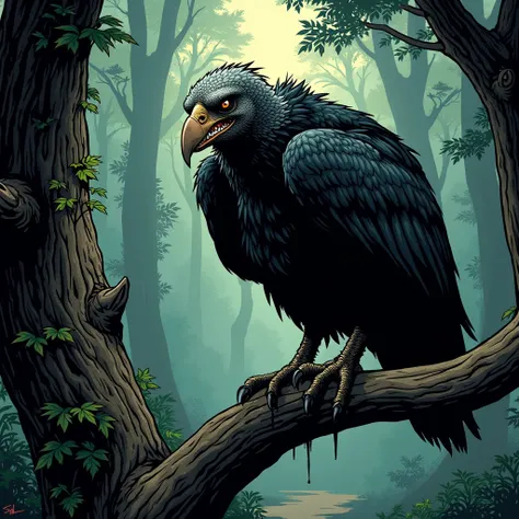 "A hungry vulture, with piercing eyes and a treacherous smile, waiting on a secluded path in a forest." In comic book style 
