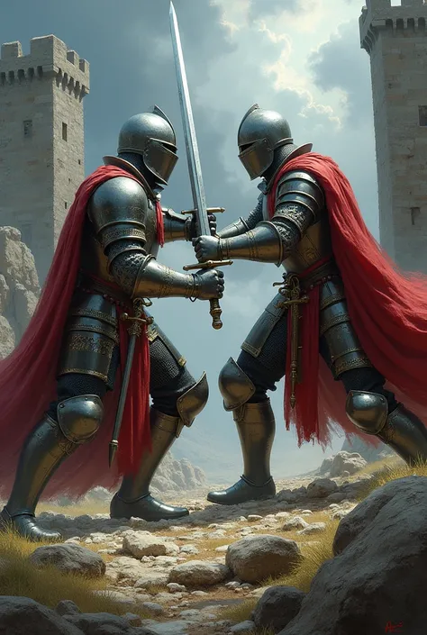 2 knights fighting one in the Middle Ages