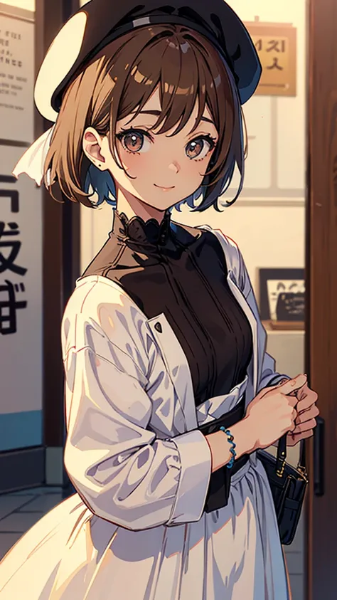 anime,  everyday wear、A beautiful boy who looks like a pretty girl with very short hair、brown skin、smile、Big cat eyes、ivory high neck shirt、brown small beret、Don&#39;t show your breasts、dark brown long skirt、Colorful Flowers々、Flying Butterflies 々, Front bu...