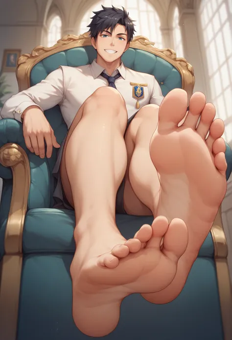 Best Quality, Masterpiece, ultra high resolution, boy, Toushiro hitsugaya ,  sitting in an armchair, bare legs, barefoot, barefoot, soles of feet visible, View from below, sitting in an armchair, , View from below, smile, masterpiece, best quality, looking...