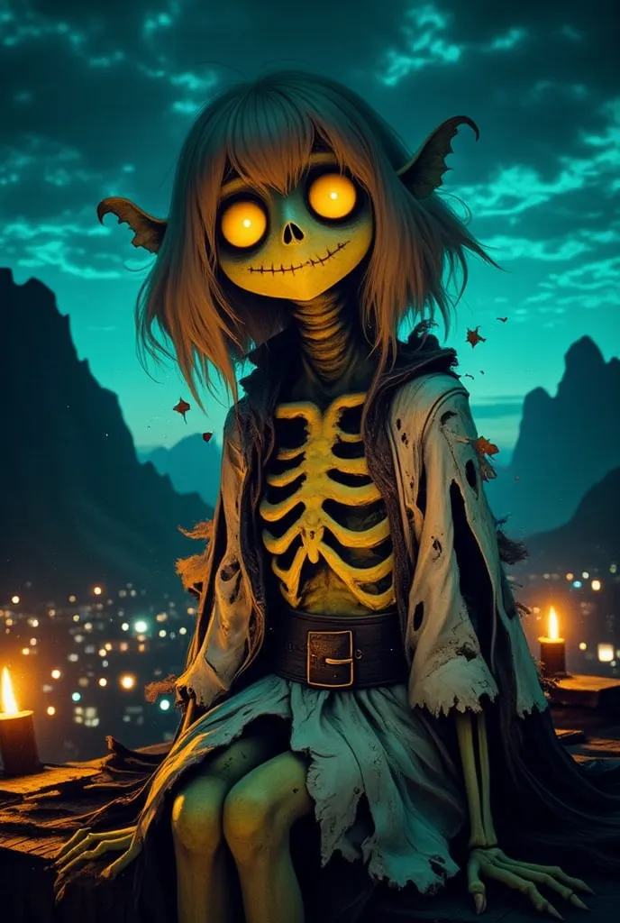 darkframe,A creepy, cartoonish witch sitting on a roof at night, with a dark blue sky and mountains in the background. She has bulging eyes, an ominous smile and a wrinkled, yellowish skin, with an exaggerately-pointed nose and chin.  her hair is long,  Gr...