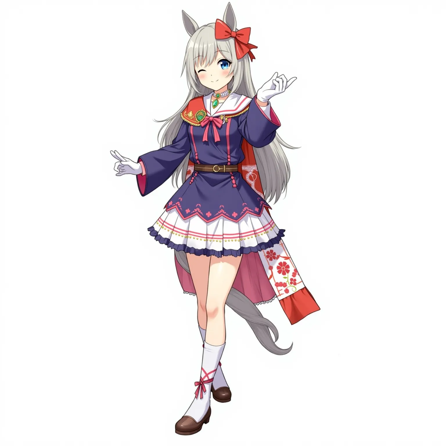 gray hair, umauma, horse tail, horse girl, horse ears, SchoolUniform, student uniform, Tresen student uniform, white knee socks, sailor collar, purple shirt, white skirt, brown footwear. A girl (female character) is depicted in a lifelike pose wearing brig...